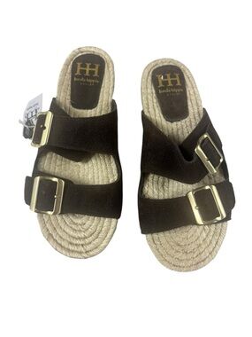 Haute Hippie Chocolate Suede Double-Buckle Espadrille Slides